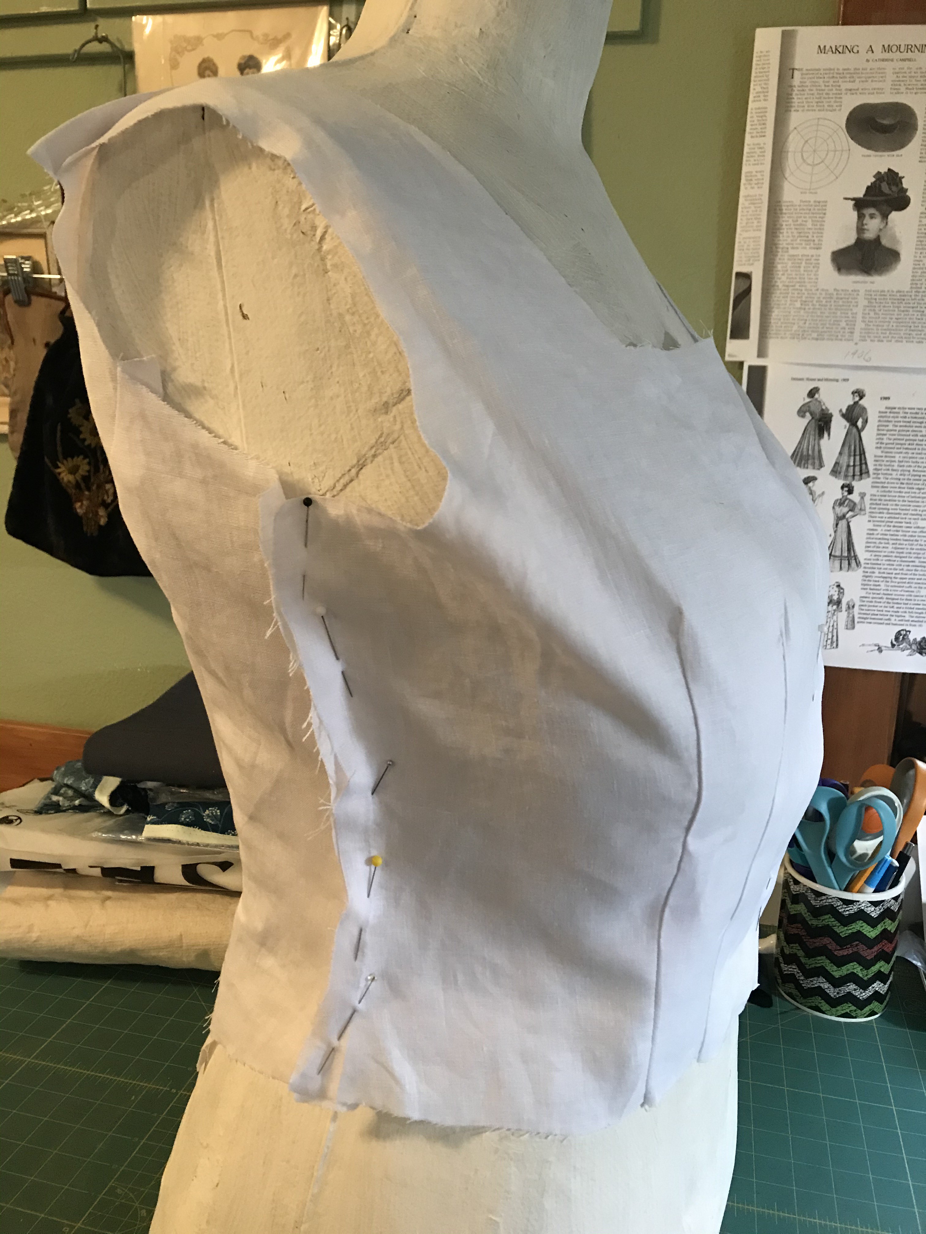 First fitting; note the pulling at the bust and the gaping at the armscye